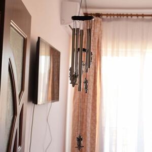 Clopotel de vant cu 5 tuburi sonore metalice pentru casa sau gradina, model Feng-Shui cu 6 bufnite