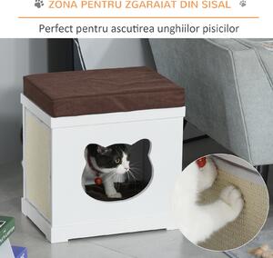 PawHut Culcuș Lemn pentru Pisici, 2 Pernuțe, Stâlpi Detașabili, Design Modern, 41x30x36 cm, Alb-Maro | Aosom Romania