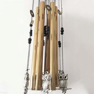 Clopotel de vant cu 6 tuburi sonore metalice aurii pentru casa sau gradina, model Feng-Shui cu 6 bufnite si monede