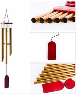 Clopotel de vant cu 6 tuburi sonore metalice aurii pentru casa sau gradina, model Feng-Shui