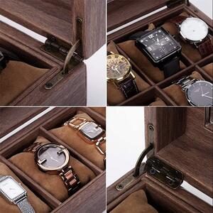 Cutie eleganta pentru depozitare si organizare ceasuri si bijuterii cu 10 compartimente, model Pufo Elite, maro inchis