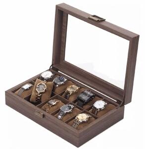 Cutie eleganta pentru depozitare si organizare ceasuri si bijuterii cu 10 compartimente, model Pufo Elite, maro inchis