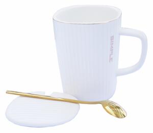 Cana cu capac din ceramica si lingurita Pufo Simple pentru cafea sau ceai, 320 ml, alba