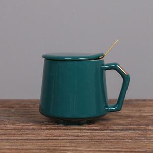 Cana cu capac din ceramica si lingurita Pufo Elegance pentru cafea sau ceai, 300 ml, verde