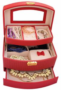 Cutie eleganta de dama Pufo Elegance pentru depozitare si organizare bijuterii si accesorii, model etajat, rosu