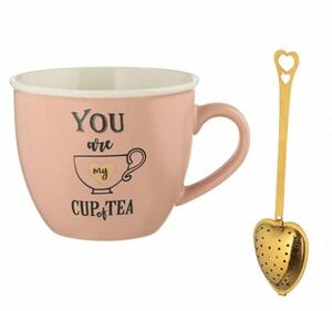 Cana ceramica si lingurita cu infuzor Pufo Elegance pentru cafea sau ceai, 480 ml, roz