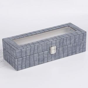 Cutie caseta eleganta depozitare cu compartimente pentru 6 ceasuri, imprimeu crocodil, albastru