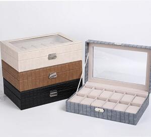 Cutie caseta eleganta depozitare cu compartimente pentru 12 ceasuri, imprimeu crocodil, maro