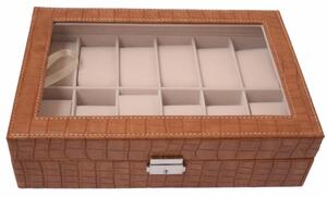 Cutie caseta eleganta depozitare cu compartimente pentru 12 ceasuri, imprimeu crocodil, maro