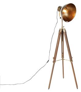 Lampa de podea trepied industrial bronz cu lemn - Mango