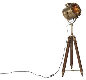 Lampa de podea trepied bronz cu spot de studio din lemn - Strălucitor