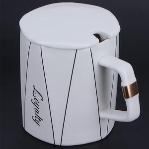 Cana cu capac din ceramica si lingurita Pufo Loyalty pentru cafea sau ceai, 320 ml, alb
