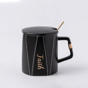 Cana cu capac din ceramica si lingurita Pufo Faith pentru cafea sau ceai, 320 ml, negru
