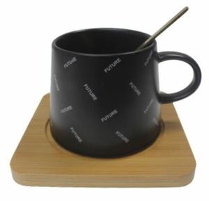 Cana ceramica cu suport din lemn si lingurita Pufo Future pentru cafea sau ceai, 220 ml, negru