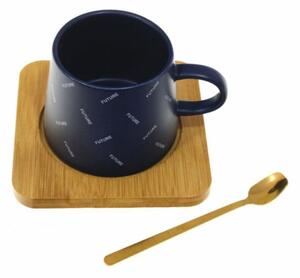 Cana ceramica cu suport din lemn si lingurita Pufo Future pentru cafea sau ceai, 220 ml, albastru