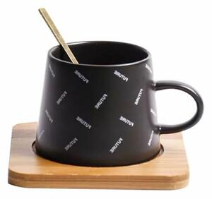 Cana ceramica cu suport din lemn si lingurita Pufo Future pentru cafea sau ceai, 220 ml, negru