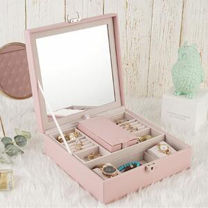 Cutie caseta eleganta Pufo Glam cu oglinda pentru depozitare si organizare bijuterii, roz