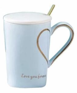 Cana cu capac din ceramica si lingurita Pufo Love you Sweetheart pentru cafea sau ceai, 350 ml, albastru