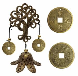 Clopotel de vant cu floare de campanula, monede aurii si Copacul vietii pentru casa sau gradina, auriu