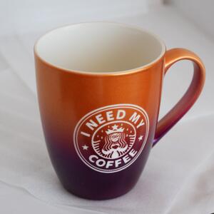 Cana ceramica Pufo Need Coffee, pentru ceai, cafea, suc, 360 ml, galben/mov