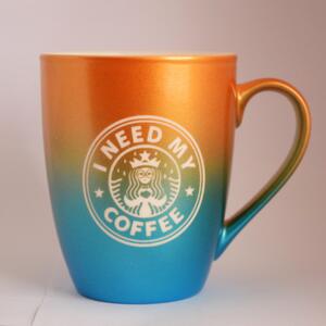 Cana ceramica Pufo Need Coffee, pentru ceai, cafea, suc, 360 ml, portocaliu/albastru
