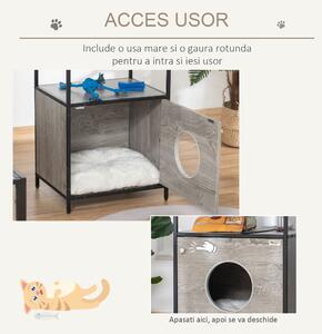 PawHut Căsuță Multifuncțională pentru Pisici cu Pernă Lavabilă, Dulap și Etajere, Gri, Design Modern din Oțel și Lemn | Aosom Romania