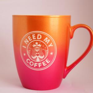 Cana ceramica Pufo Need Coffee, pentru ceai, cafea, suc, 360 ml, portocaliu/roz