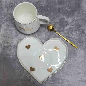 Cana ceramica cu farfurie in forma de inima si lingurita Pufo Be Mine pentru cafea sau ceai, 180 ml, alb