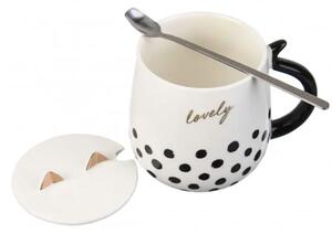 Cana ceramica cu capac si lingurita Pufo Lovely pentru cafea sau ceai, 450 ml, alb