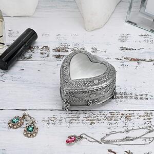 Caseta antimoniu metalica Pufo Passion pentru depozitare si organizare bijuterii si accesorii, model in forma de inima, argintiu