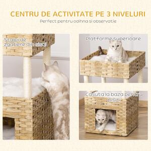 PawHut Casă pentru Pisici cu 3 Niveluri, Design din Ratan PE, Zona de Zgâriat, Perne de Plus Lavabile, Alba | Aosom Romania