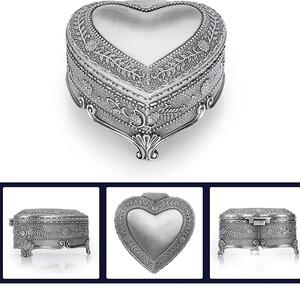 Caseta antimoniu metalica Pufo Passion pentru depozitare si organizare bijuterii si accesorii, model in forma de inima, argintiu