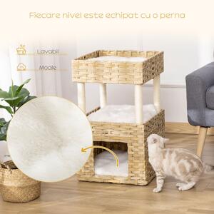 PawHut Casă pentru Pisici cu 3 Niveluri, Design din Ratan PE, Zona de Zgâriat, Perne de Plus Lavabile, Alba | Aosom Romania