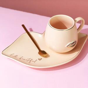 Cana ceramica cu farfurie si lingurita Pufo Beautiful pentru cafea sau ceai, 180 ml, crem