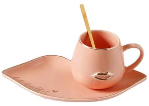 Cana ceramica cu farfurie si lingurita Pufo Beautiful pentru cafea sau ceai, 180 ml, bej inchis