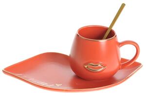 Cana ceramica cu farfurie si lingurita Pufo Beautiful pentru cafea sau ceai, 180 ml, roz