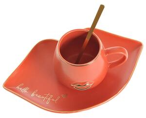 Cana ceramica cu farfurie si lingurita Pufo Beautiful pentru cafea sau ceai, 180 ml, roz