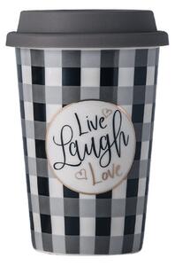 Cana ceramica de voiaj Pufo Live & Love pentru cafea cu capac din silicon, 415 ml, gri/negru