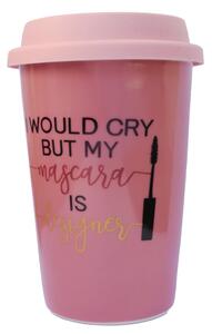 Cana ceramica de voiaj Pufo pentru cafea cu capac din silicon, 415 ml, model My mascara is Designer, roz