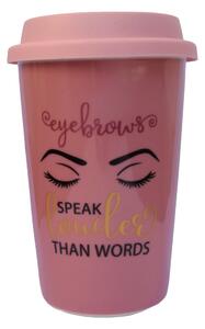 Cana ceramica de voiaj Pufo pentru cafea cu capac din silicon, 415 ml, model Eyebrows speak, roz