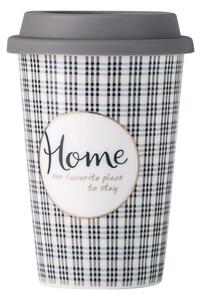 Cana ceramica de voiaj Pufo Home pentru cafea cu capac din silicon, 415 ml, gri inchis