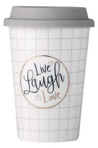 Cana ceramica de voiaj Pufo Live & Love pentru cafea cu capac din silicon, 415 ml, gri/alb