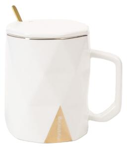 Cana cu capac din ceramica si lingurita Pufo Hey Beautiful pentru cafea sau ceai, 350 ml, alb