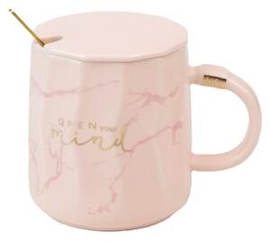 Cana cu capac din ceramica si lingurita Pufo Mind & Life pentru cafea sau ceai, 350 ml, roz