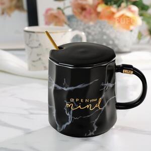 Cana cu capac din ceramica si lingurita Pufo Mind & Life pentru cafea sau ceai, 350 ml, negru