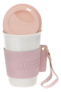 Cana de voiaj Pufo Love Coffee din ceramica cu protectie termica pentru cafea sau ceai, 415 ml, alb/roz