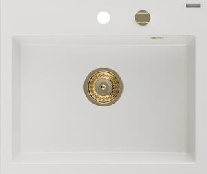 Mexen Oscar chiuvetă de granit cu 1 compartiment 580 x 490 mm, albă, sifon auriu - 6519581000-20-G