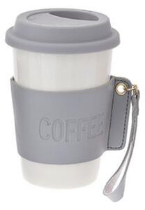 Cana de voiaj Pufo Love Coffee din ceramica cu protectie termica pentru cafea sau ceai, 415 ml, alb/gri