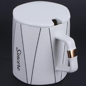 Cana cu capac din ceramica si lingurita Pufo Sincere pentru cafea sau ceai, 320 ml, alb