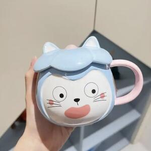 Cana cu capac din ceramica Pufo Crazy Cat pentru cafea sau ceai, 300 ml, albastru